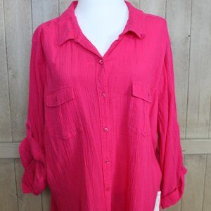 NWT St Johns Bay Button Down Blouse Hot Pink